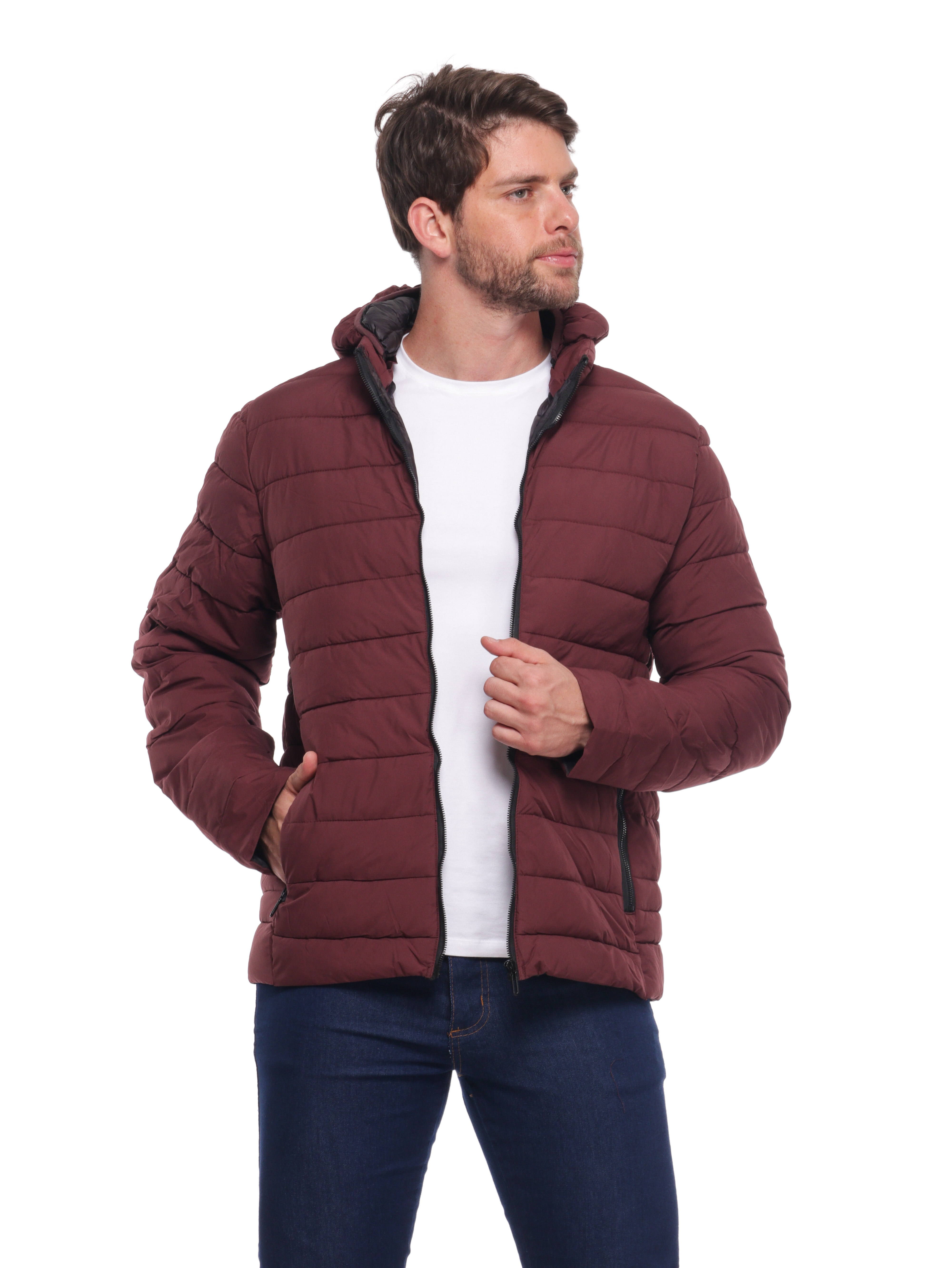 Jaqueta 6057vinho Masculina Puffer Impermeável Gorro Removível