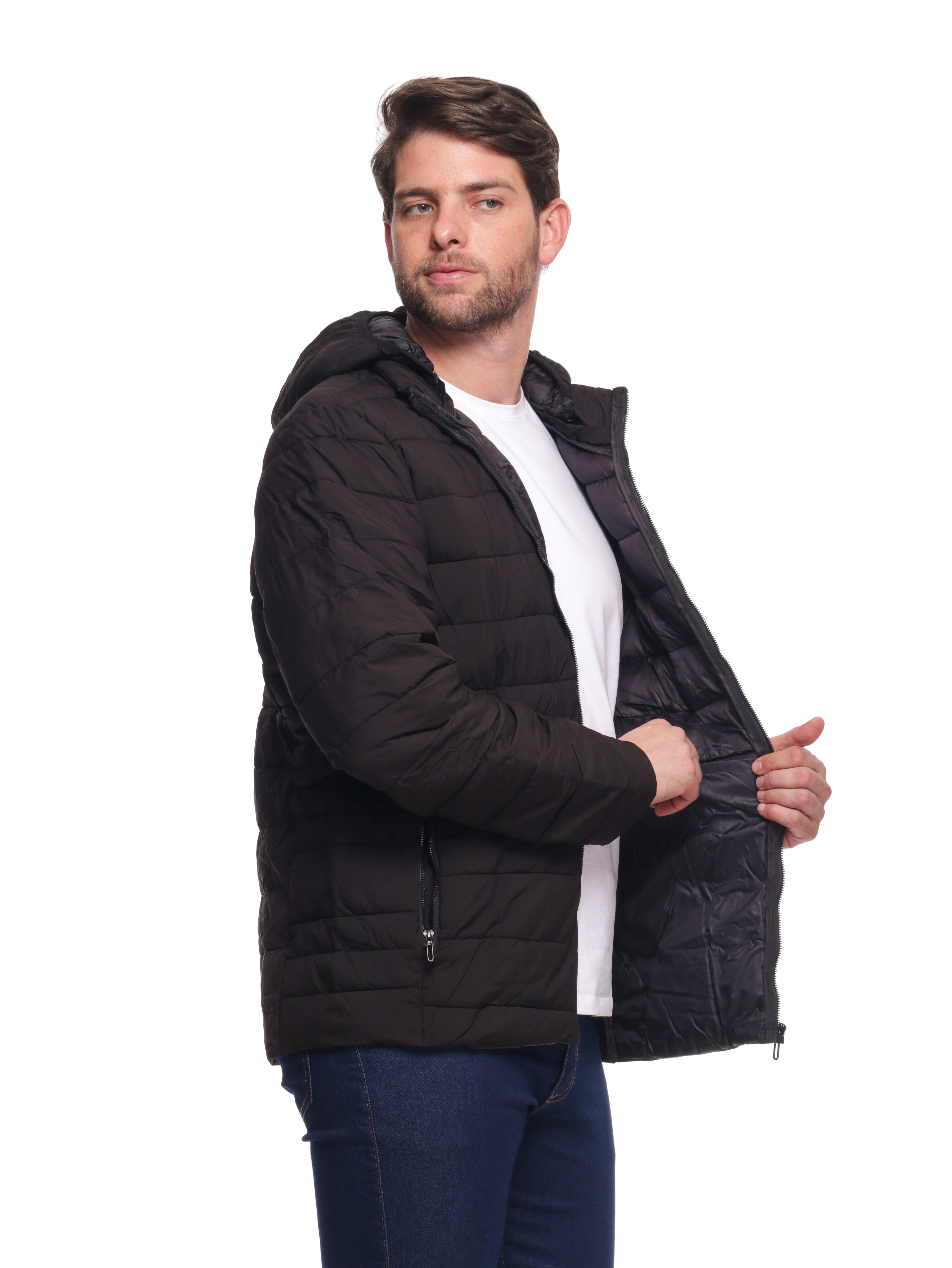 Jaqueta 6057preta Masculina Puffer Impermeável Gorro Removível Preta 6057