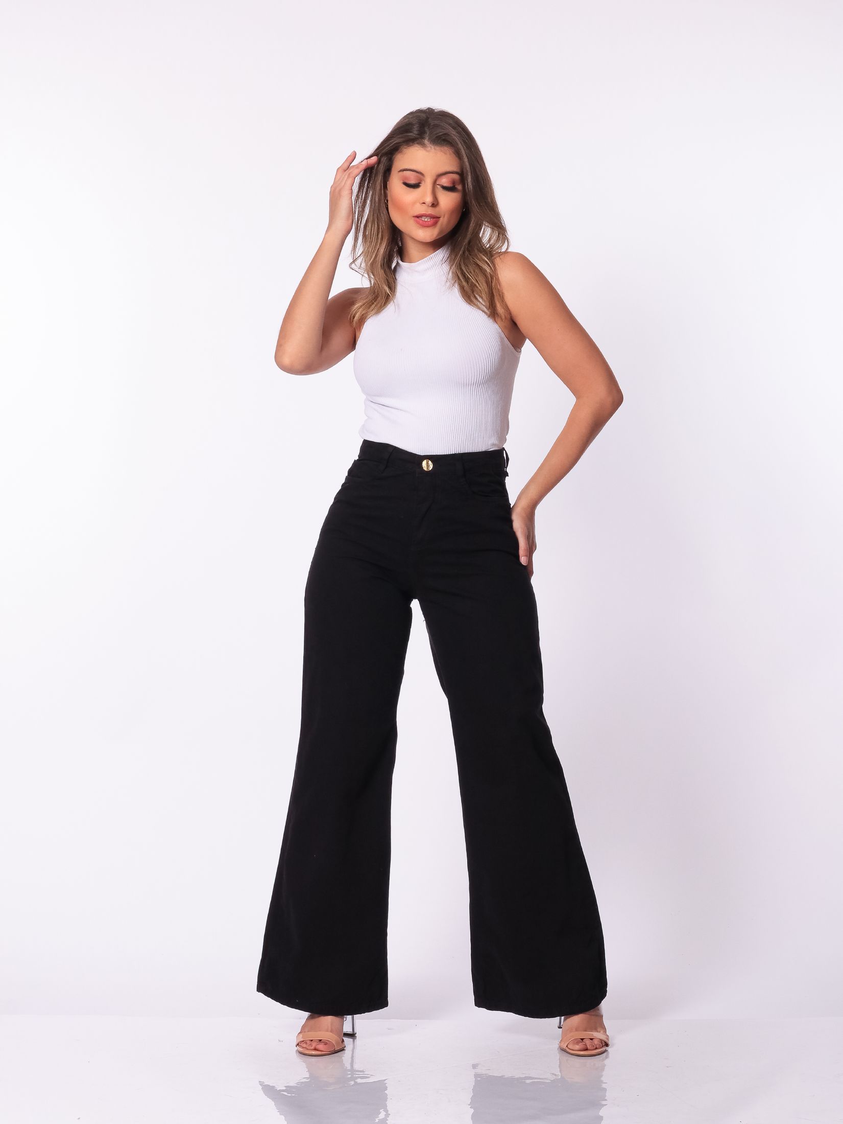 Calça Jeans 12005preta Feminina Wide Leg Preta 12005