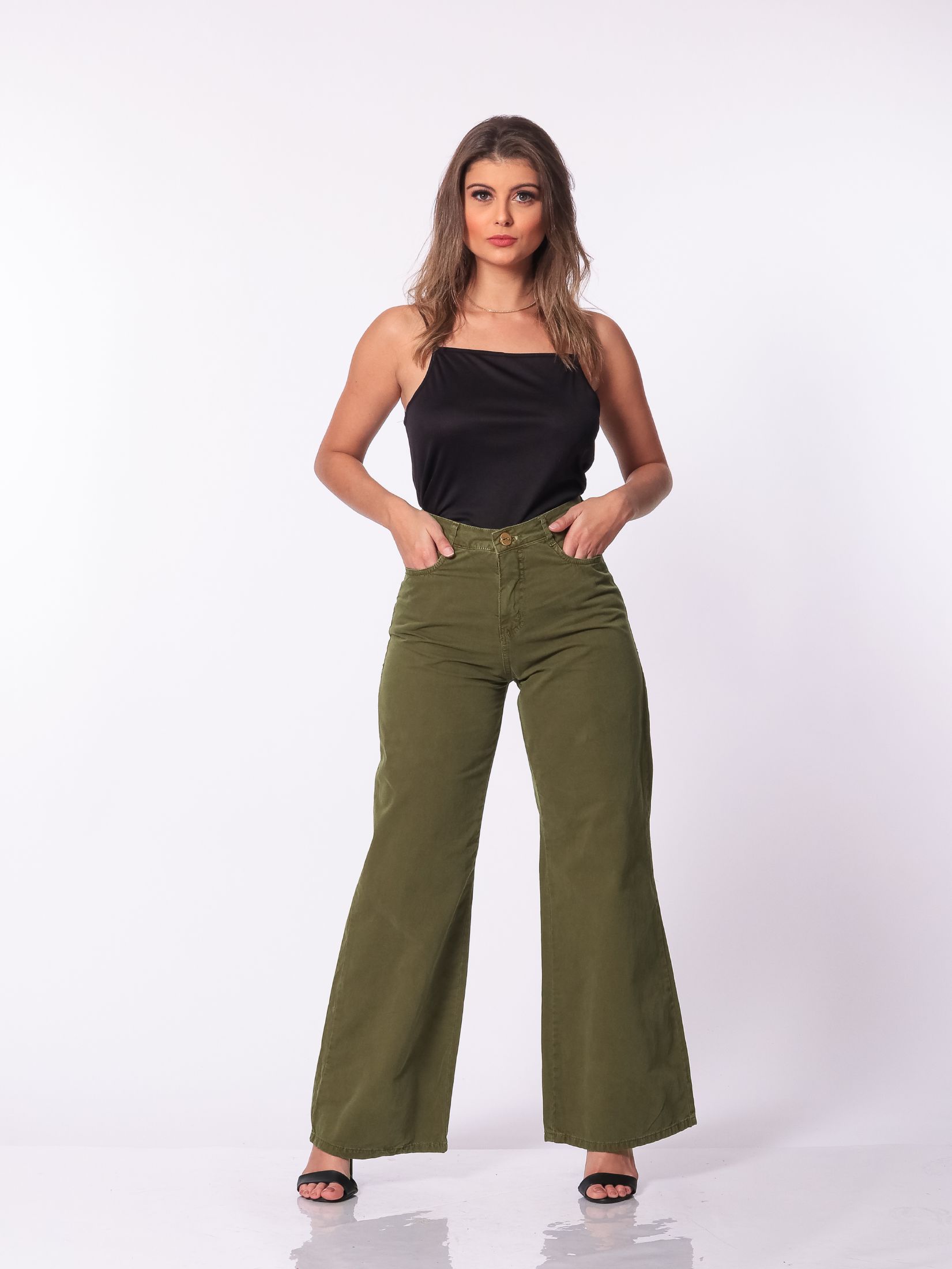 Calça Jeans 12005verde Feminina Wide Leg Verde 12005