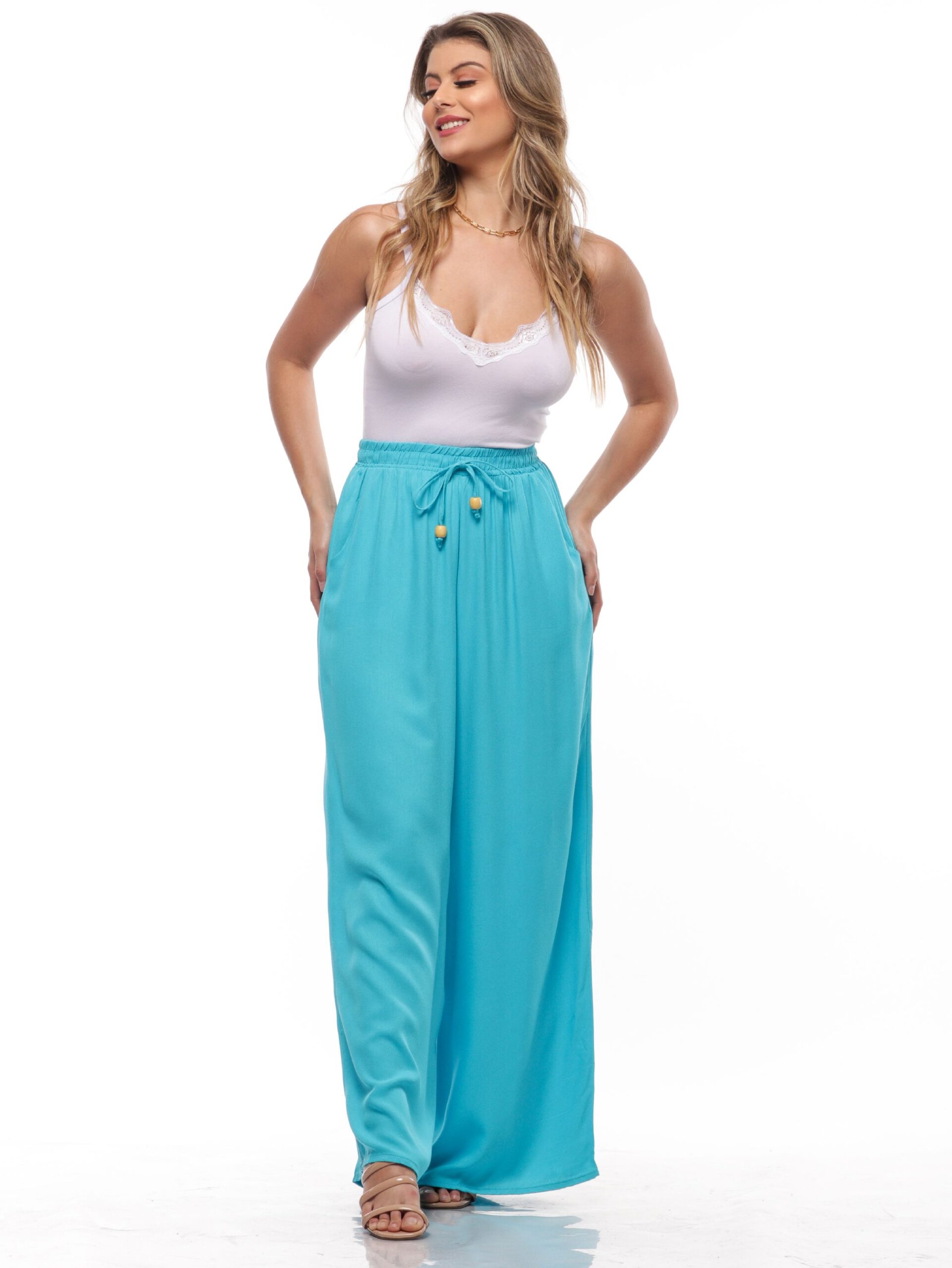 Calça Feminina 16050azul Wide Leg Azul 16050