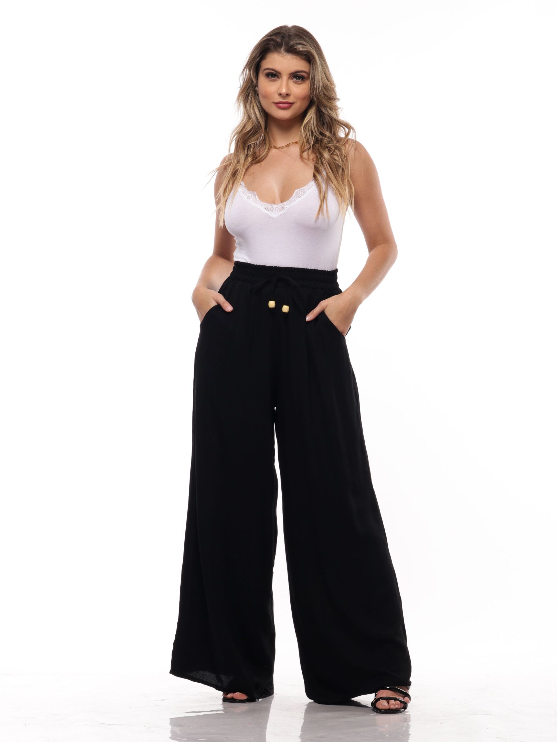 Calça Feminina 16050preto Wide Leg Preto 16050