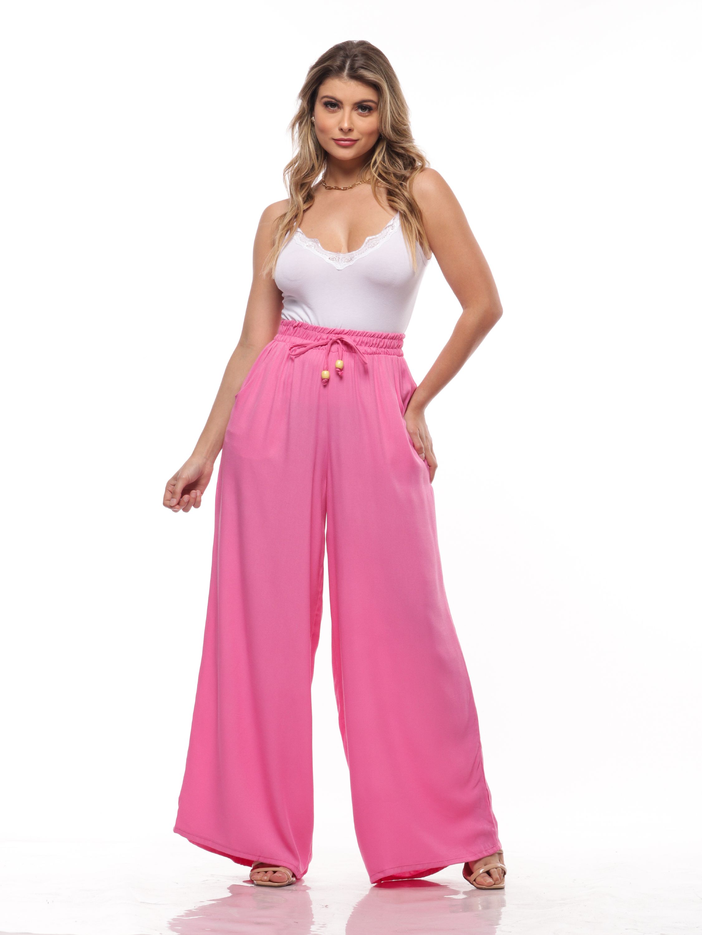 Calça Feminina 16050rosa Wide Leg Rosa 16050