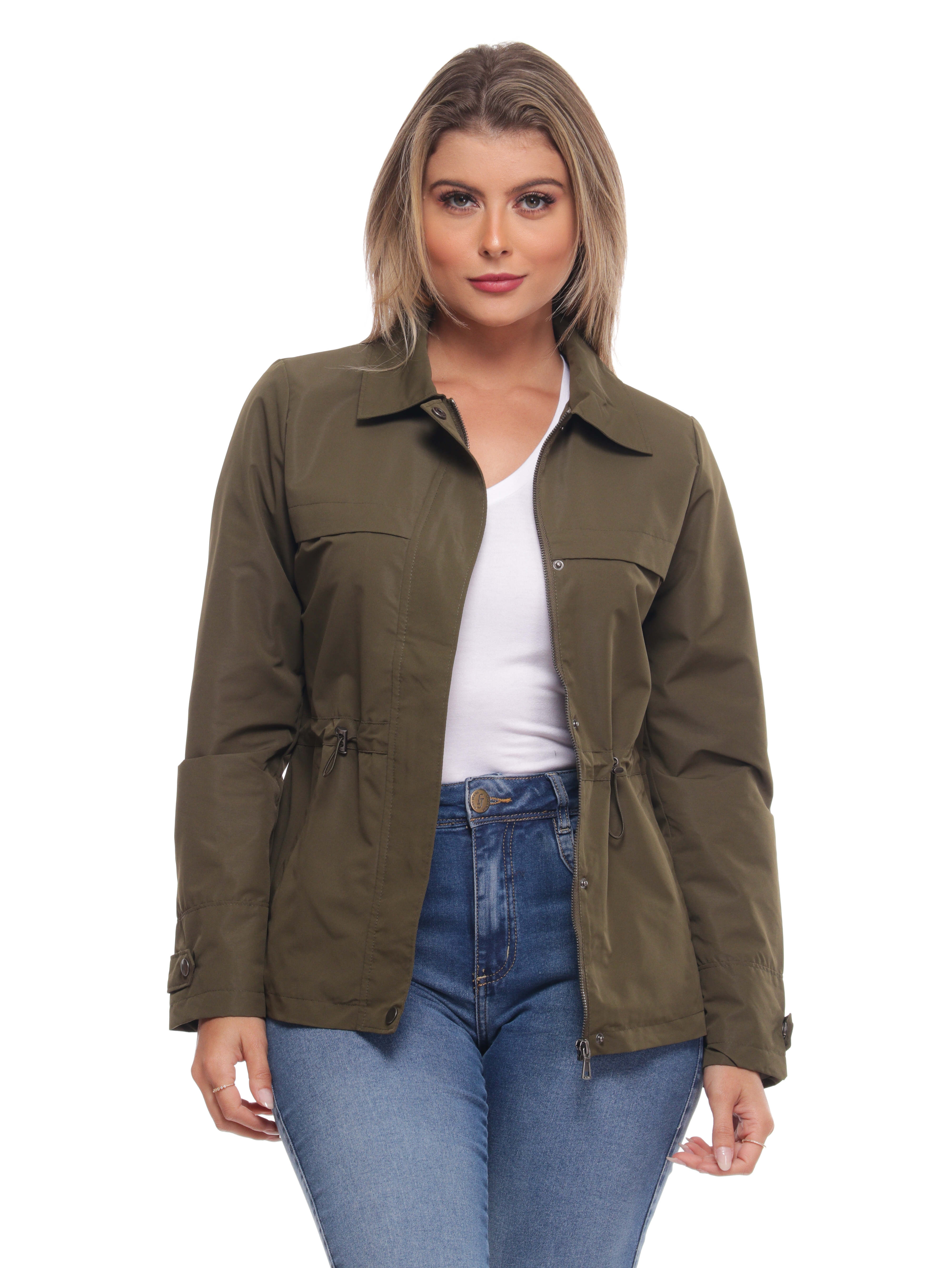 Blusa Feminina 6088verdemilitar Com Fecho Botao e Ziper Verde Militar 6088